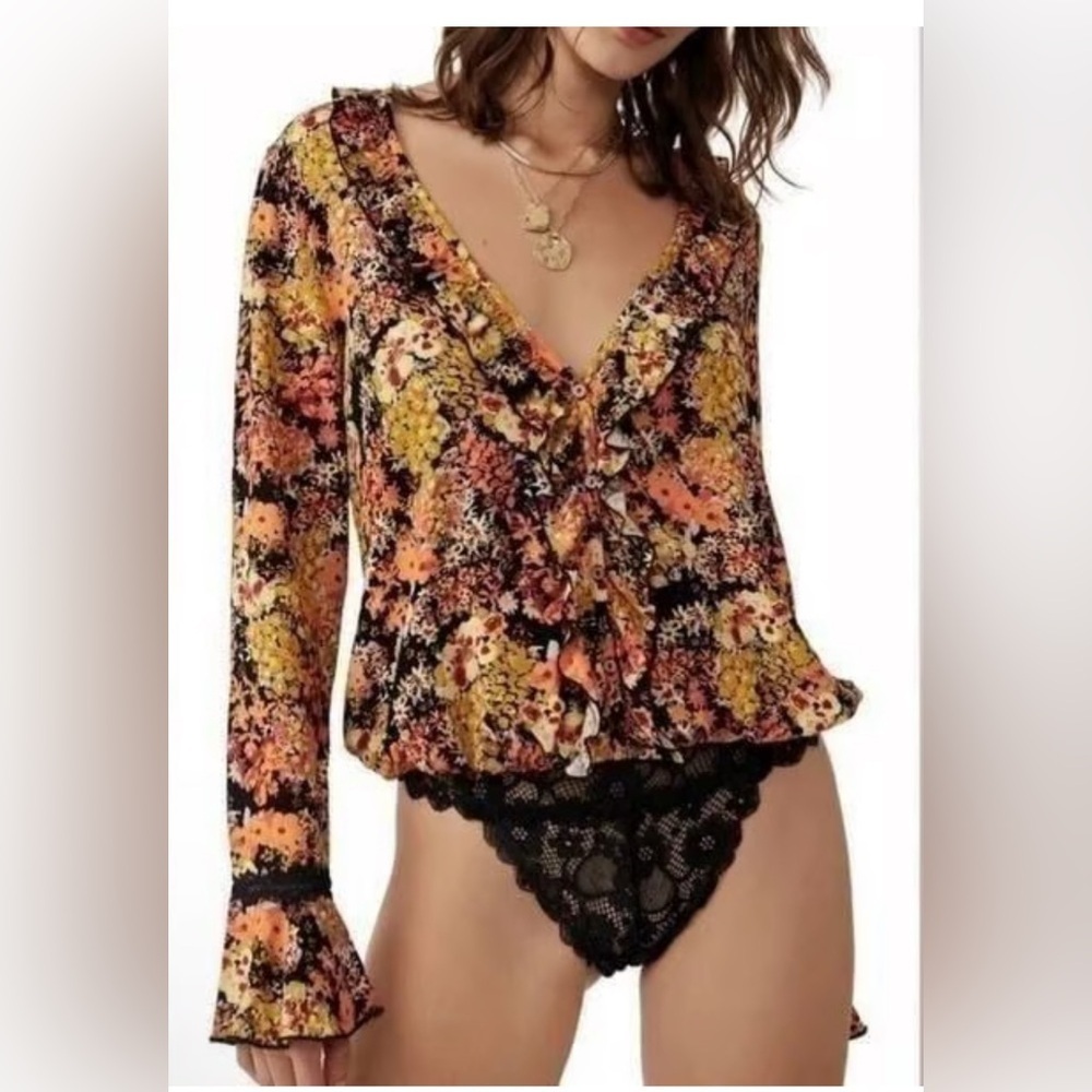 Free People Orange Flower Long Sleeve V Neck Heatwave Bodysuit Thong Medium NWT